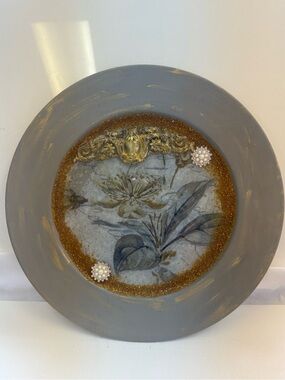 Handcrafted Gray & Gold Floral Wall Art Plate by Rene